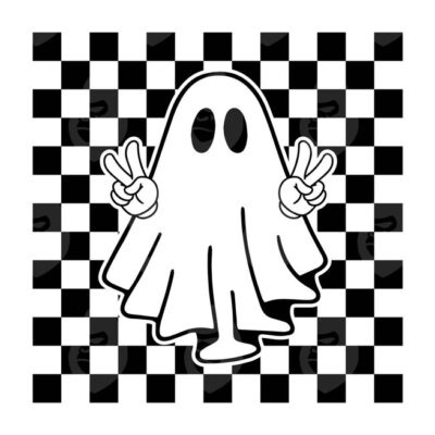 10729 Checkered Ghost Svg Cute Ghost Png Peace Sign Boo Halloween Spooky Season Vibes Boo Haw Vector Cut file Cricut Silhouette Sticker