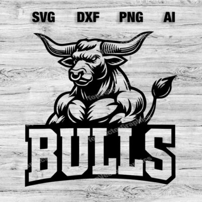 23190 Bulls School Sport Team Logo SVG PNG PDF Ai Dxf File Baseball Basketball Football Soccer Design Cameo Cricut Instant Download