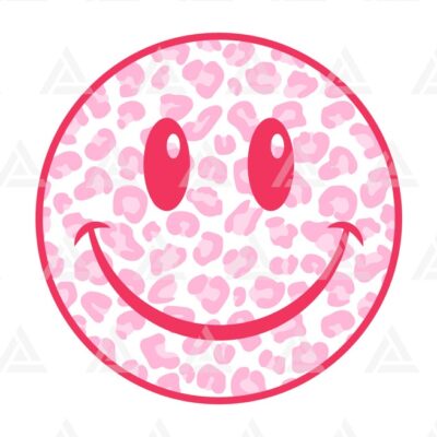 976 Pink Leopard Happy Face Svg Positive Vibes Happy Face Clipart Retro Cheetah Happy Face PNG Cut File Cricut Silhouette Png Pdf Vector